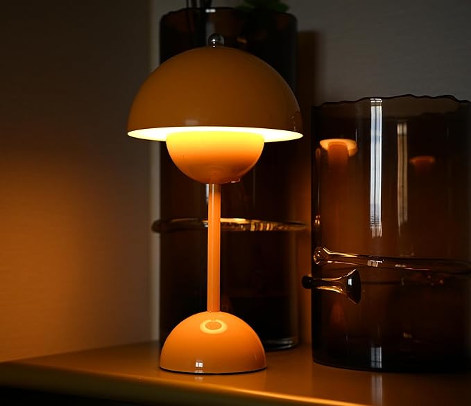 Flower Bud Lamp Modern Flowerpot Cordless Mushroom Touch Table Lamp 3 Mode Dimmable Rechargeable Desk Lamp for Bedroom(Yellow)