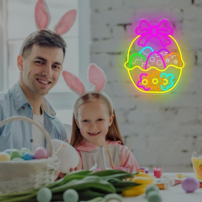 Easter Neon Sign for Wall Decor Flower Easter Basket Neon Light Egg Led Sign Easter Decorations Dimmable Bow Basket Light Up Signs for Window Party Gifts Bedroom Holiday Spring Bar Home Business