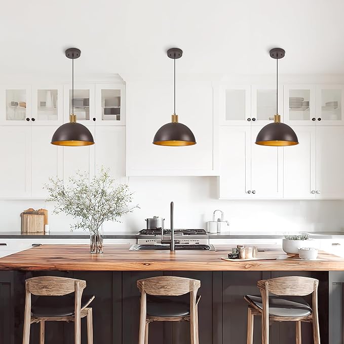12 Inch Oil Rubbed Bronze Dome Pendant Lights 2 Pack for Kitchen Island, Height Adjustable Farmhouse Industrial Hanging Light Fixtures Over Table for Dining Room, Entryway