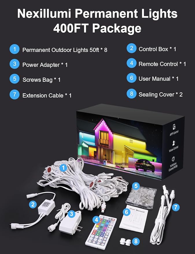 Nexillumi 400ft Permanent Outdoor Lights for House, 2025 New Smart RGB Christmas Lights Outdoor with APP Remote Control, IP67 Waterproof Eternity Eaves Lighting for Christmas Decorations