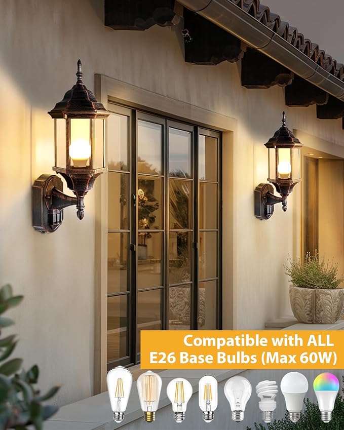 Redluck Motion Sensor Outdoor Lights, 2 Pack 16 inch Dusk to Dawn Outside Porch Lights, Waterproof Anti-Rust Aluminum Outdoor Wall Lights for House, Garage, Front Door, Antique Black and Bronze Gold