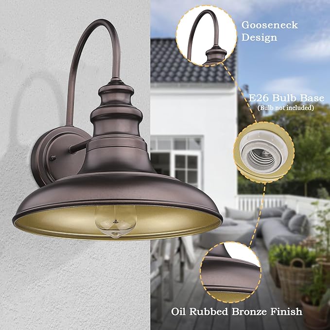 Outdoor Barn Light Fixture Farmhouse Wall Mount Light Gooseneck Wall Sconce Exterior Wall Lighting Fixture Industrial Bronze Finish Lantern for Porch with Gold Interior, 1Pack, RZ004 ORB