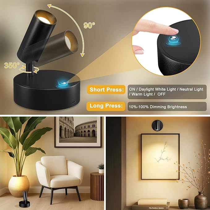 Kimjo Spot Lights Indoor, Wireless LED Spotlight, Uplighting Indoor with Remote and Dimmable, Accent Lighting for Plants, Picture, Battery Operated Wall Light (Black 4 Pack)