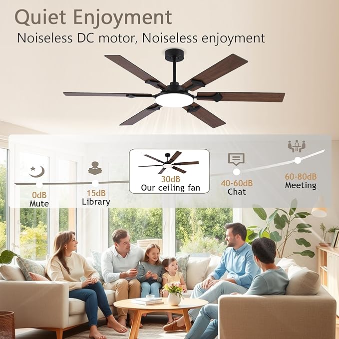 66 Inch Brown Ceiling Fan with Lights, Modern Large Ceiling Fan with Remote & APP Control, Reversible DC Motor, 6 Double-Sided Blades, 6 Speeds, Silent, Timer, for Living Room Indoor & Outdoor