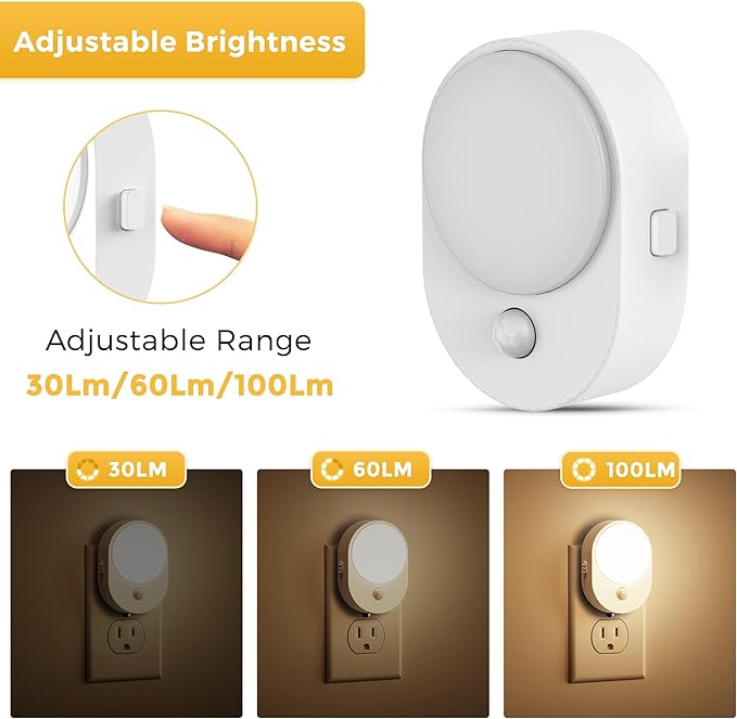L LOHAS LED Plug in Night Light with Motion Sensor and Dusk to Dawn Sensor,[4-Pack] Night Lights Plug into Wall,3000K Soft White,30/60/100LM Dimmable Nightlight for Bathroom Hallway Kitchen