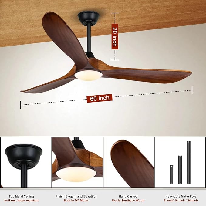 Farmhouse Ceiling Fans with Lights, 60 inch Outdoor Ceiling Fan for Patios with Light, 3 Blades Wood Ceiling Fan Damp Rated Large Airflow Commercial Ceiling Fans for Exterior House Porch Gazebo