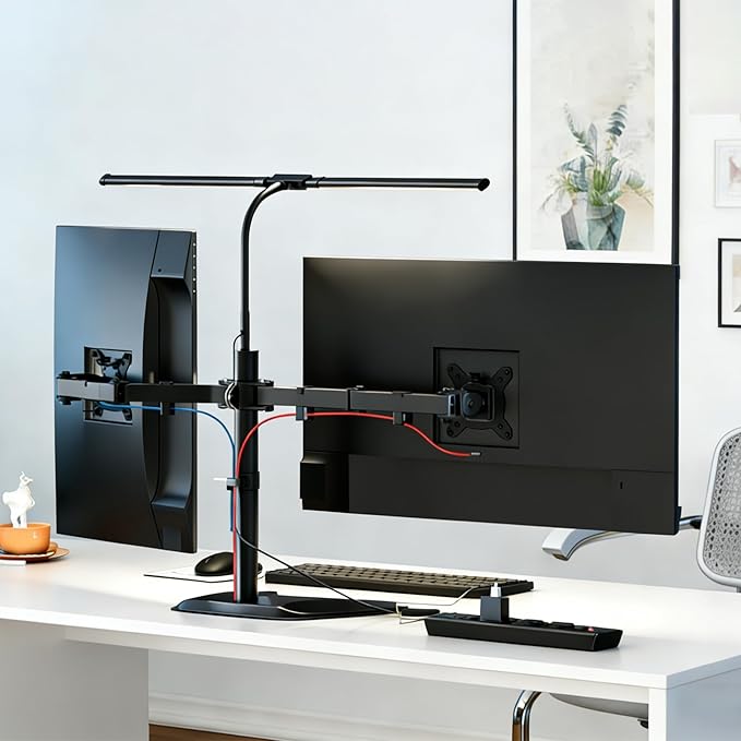 13–27″ Dual Monitor Stand for Desk with Adjustable LED Desk Lamp, Monitor Stand with Led Lights Freestanding Dual Monitor Mount (22 lbs/Arm) – Two-Screen Ergonomic Mount with Reading Lamp