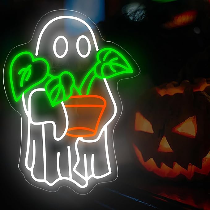 Ghost Holding Plant Neon Sign – LED Wall Light Featuring a Cute Spirit with Green Potted Plant, USB Powered Light for Bedroom, Plant Corner, or Halloween Decor 16.5″ × 12.2″