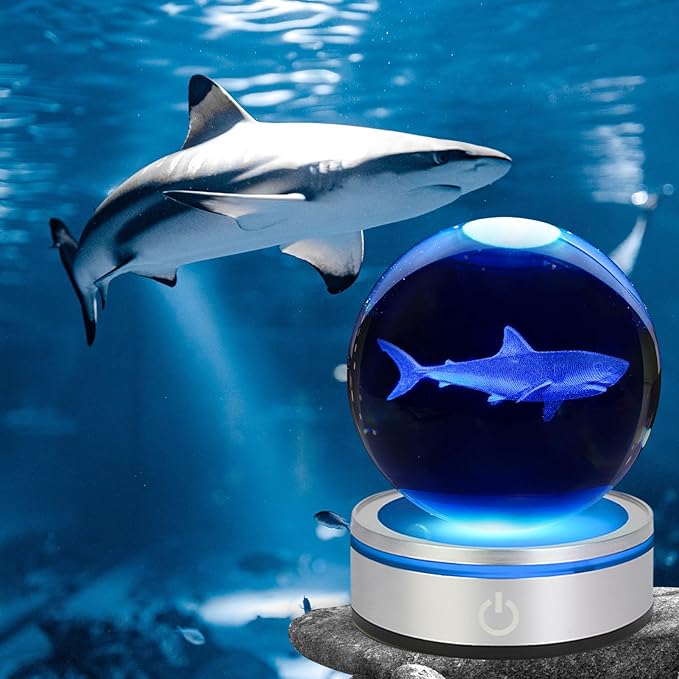 3D Shark Crystal Ball Night Light With LED Colorful Lighting Touch Base 3.15 In Glass Sphere Lamp for Birthday Christmas, Cool Toy Gift for Boys Girls Kids Figurine Home Decor