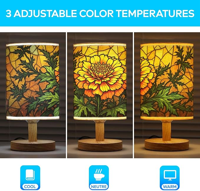 Marigold Table Lamp LED 3-Color Pressed Bedside, Marigold Shade Lamp with Wood Base for Bedroom Living Room Desk Office TL01