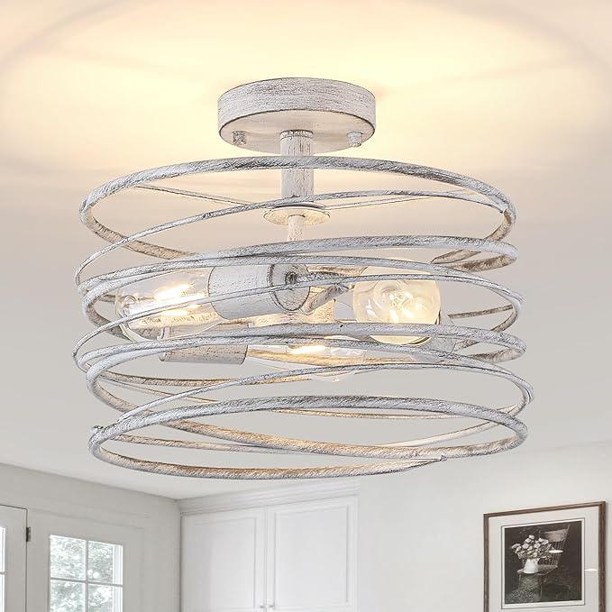 White 3-Light Rustic Drum Semi Flush Ceiling Light Fixture, Retro Farmhouse Chandeliers Metal Cage for Dining Room, Industrial Pendant Light Fixture for Entryway Kitchen Foyer Bedroom