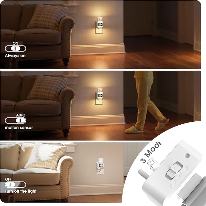 JandCase Motion Sensor Night Light, Dimmable Night Lights Plug Into Wall, 3000k Soft White Night-Lights with 0-100Lm Adjustable Brightness, Acrylic Plug in Nightlight for Bedroom Bathroom Decor