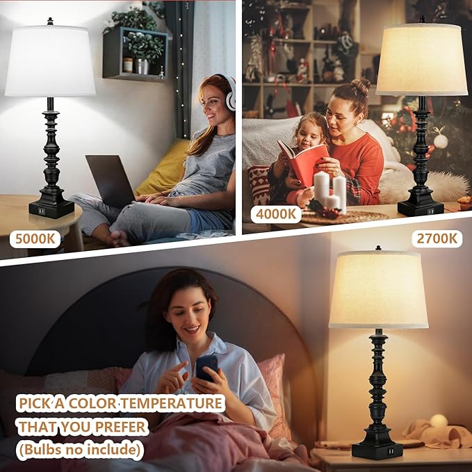 Set of 2 Farmhouse Table Lamps, 27.5'' Tall Rustic Bedside Lamps with 2 USB Ports, Beige Fabric Shade Nightstand Lamp, White Resin Desk Lamp with Rotary Switch for Living Room, Bedroom, Office