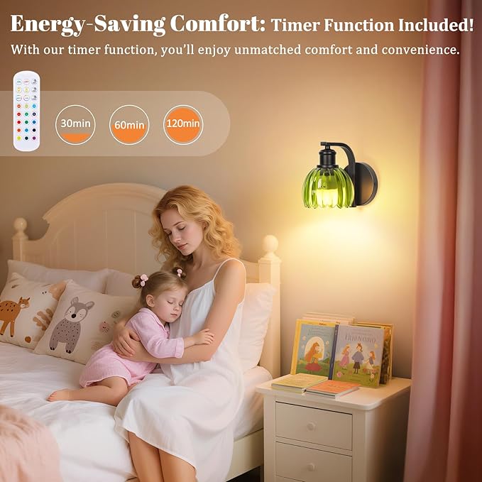 Rechargeable Battery Operated Wall Sconce with Green Glass Lampshade, Wireless Wall Scone Decor with Remote Control, 15 Colors Black Wall Light for Bedside Hallway Bedroom Doorway
