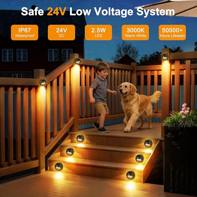 Low Voltage LED Deck Lights Kit with Transformer, Dusk-to-Dawn Outdoor Step Lights Waterproof IP67, Warm White, Dimmable Surface-Mount Landscape Lighting for Stairs, Deck, Patio, Railing (4 Pack)