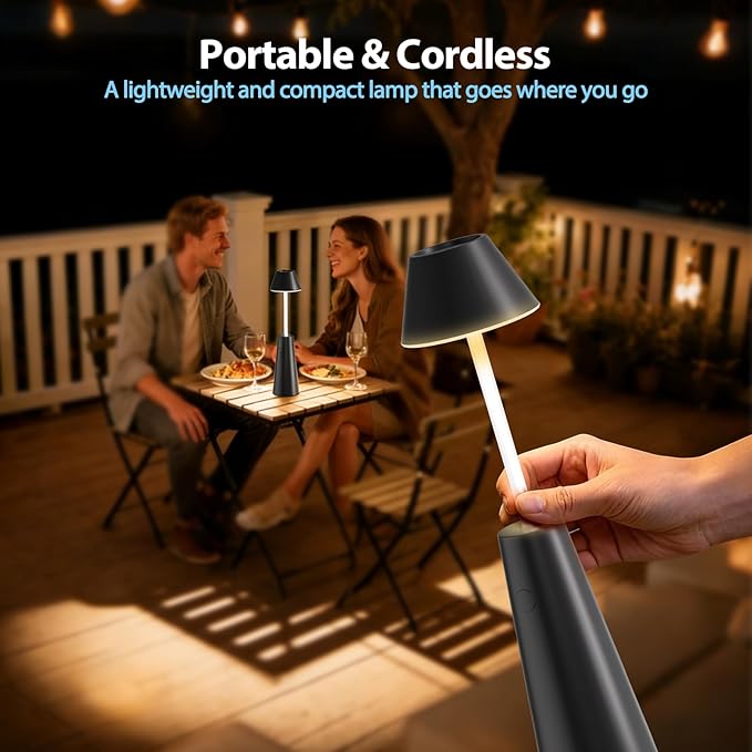 Cordless Rechargeable Table Lamp with Adjustable Height, Portable LED Desk Light with Smooth Dimming 2 Color Modes, Handheld Battery Operated Lamp for Bedroom, Dining, Camping, Desk, Outdoor (Black)