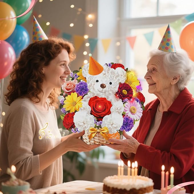 Birthday Cards with MUSIC & LIGHTS, Happy Birthday Card, Bear & Daisy, 10 Inch Life Sized Forever Flower Bouquet 3D Pop Up Greeting Card for Wife Mom Daughter Grandma Women
