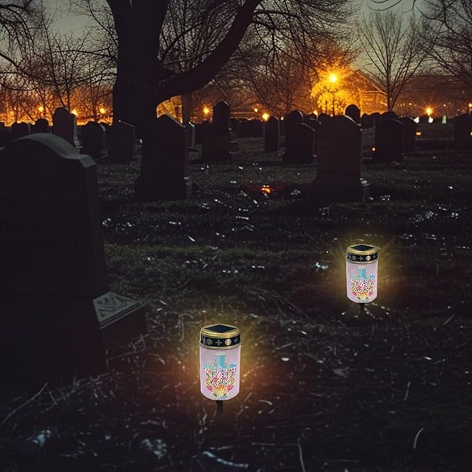 Tulip and CrossSolar Grave Lights for Cemetery Flameless Solar Powered Light for Prayer Waterproof Outdoor Easter Decor Cemetery Solar Lights for Grave Lamp