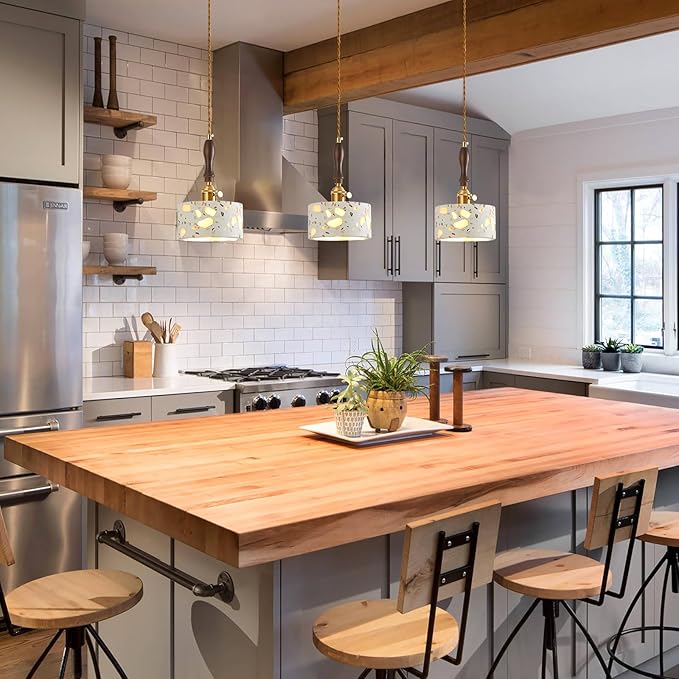Modern terrazzo Pendant Light Fixture,Stone Pendant Lights with Wood Accent,Vintage Farmhouse Chandelier for Kitchen Island Dining Room Living Room Bedroom Restaurant Cafe