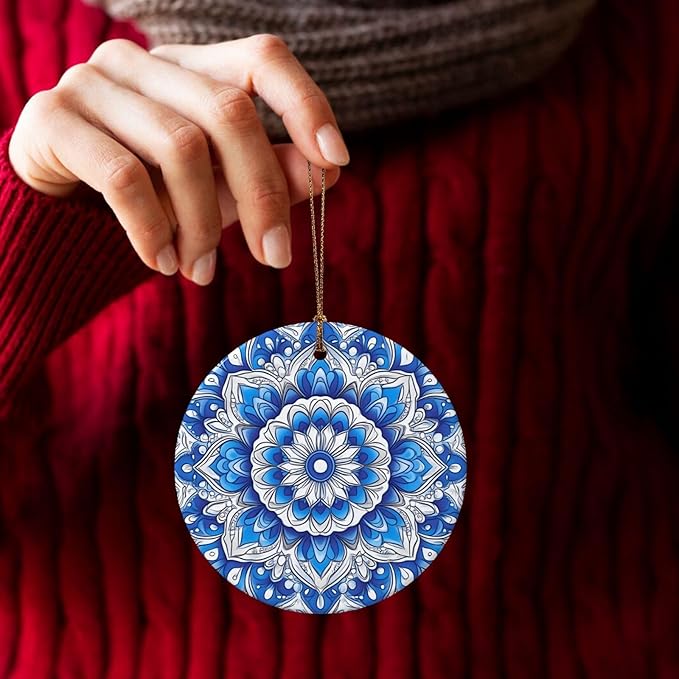 Bohemian Mandala Blue Christmas Ornaments, Christmas Decorations Xmas Tree Hanging Ornaments, Round Ceramic Festive Keepsake Gift for Xmas Decorations Holiday Home Decor