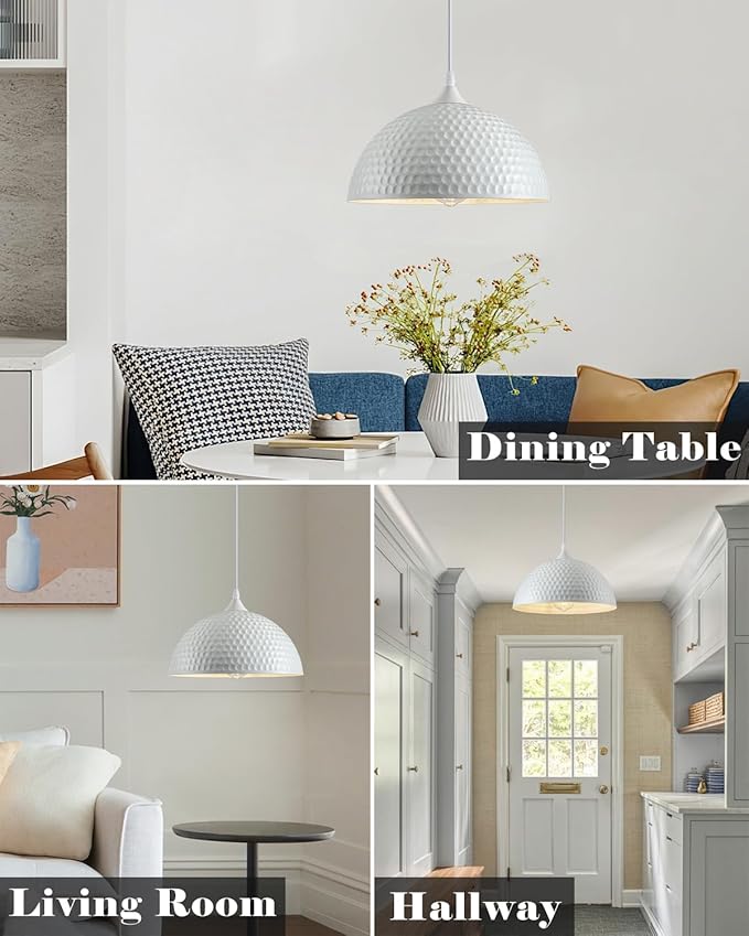 Hammered White Dome Pendant Light 2 Pack, White and Gold Pendant Lights,12 Inch Metal Industrial Pendant Light, Kitchen Island Pendant Lights for Kitchen, Dining Room, Bar
