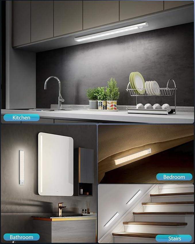 Under Cabinet Lighting with 3 Color Temps - 10.5" Motion Sensor Light Indoor, Magnetic Wireless Closet Lights, Dimmable Led Light, Rechargeable Under Counter Lights for Kitchen, Bedroom, Stair, 2 Pack