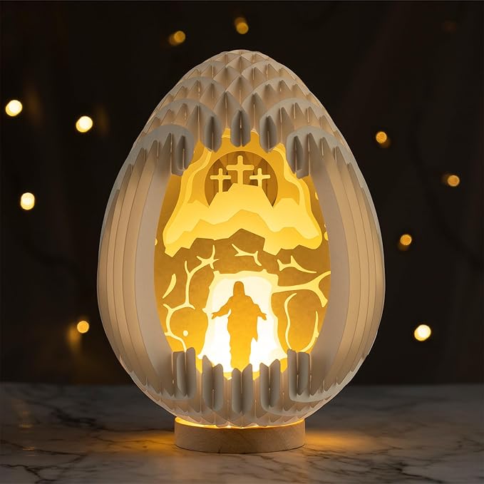 Lighted Easter Egg Centerpieces for Tables Indoor, Resurrection Scene, Paper Easter Decoration for Tabletop, Mantel, Religious Christian Cross Decor, Rabbit Home Decor (He is Risen)