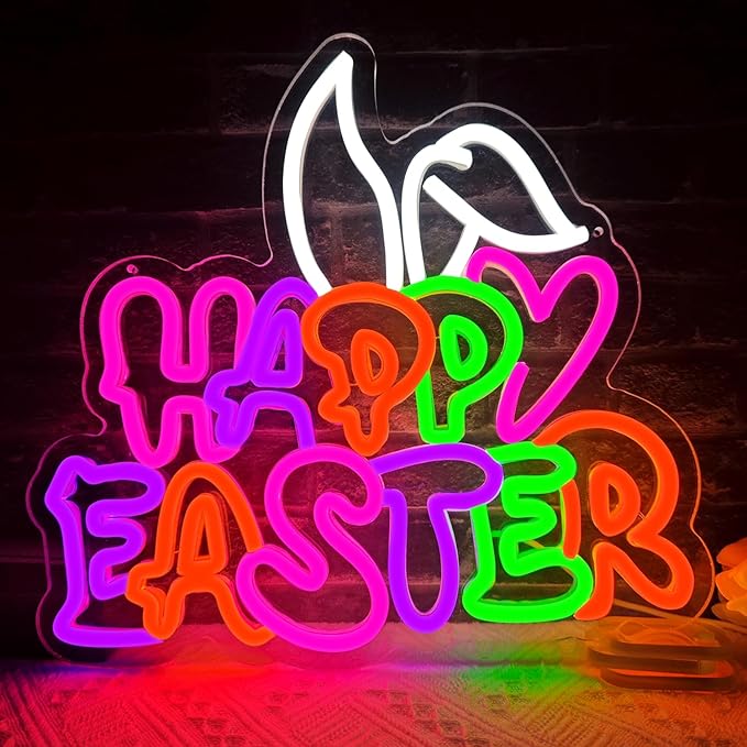 Happy Easter Neon Sign, Easter Neon Bunny Ears Neon LED Lights, Easter Wall Decor Party Home Room Decor, Wall Decor, Easter Gift for Kids