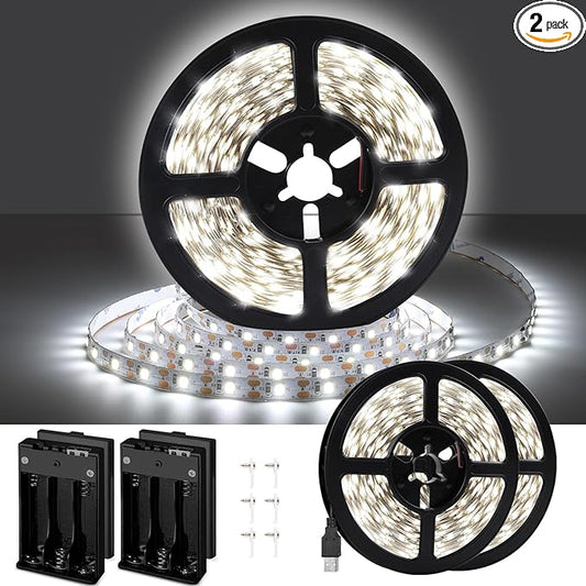USB LED Light Strip White with Battery Box (Batteries Not Included), 16.4ft Daylight Under Cabinet Strip Lights Cuttable for Bedroom, Mirror, Party, Camping, Christmas, 8.2ft x 2