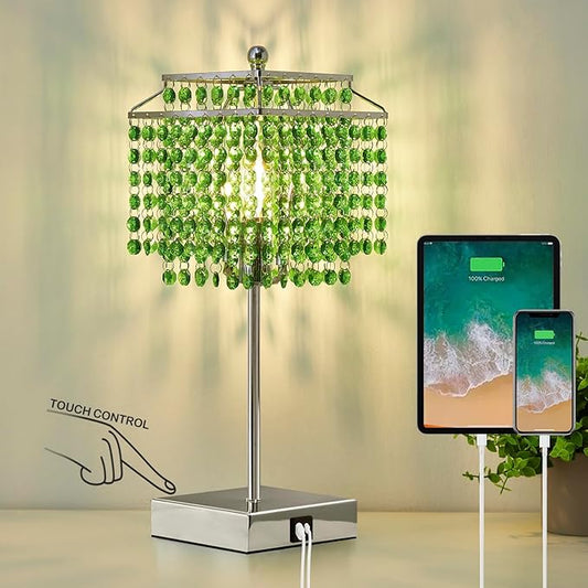 Luvkczc Crystal Table Lamp with Touch Control, Bedside Crystal Table Lamp with USB C+A Ports,Dimmable Lamp for Girls Bedroom, Living Room, Green & B11 LED Bulb Included