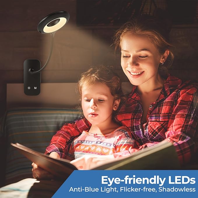 CUHIOY 2Pack Clip on Reading Light, 5 Colors 5 Brightness Bed Light for Headboard, Battery Rechargeable Flexible Neck Desk Lamp with Strong Clamp, Eye Protect LED Night Light for Kids Bunk Bed（Black）