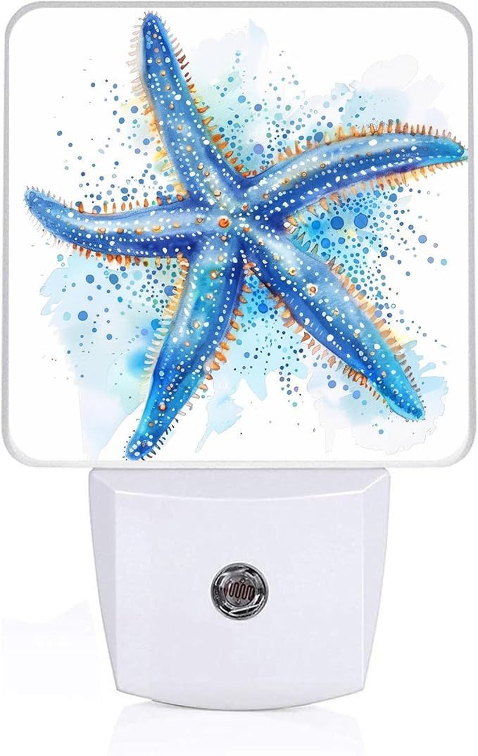 Watercolor Starfish Night Light, Plug-into Sea Beach Nightlight White LED Lamp, Energy Efficient Decor Desk Lamp for Bedroom Hallway Stairs Bathroom