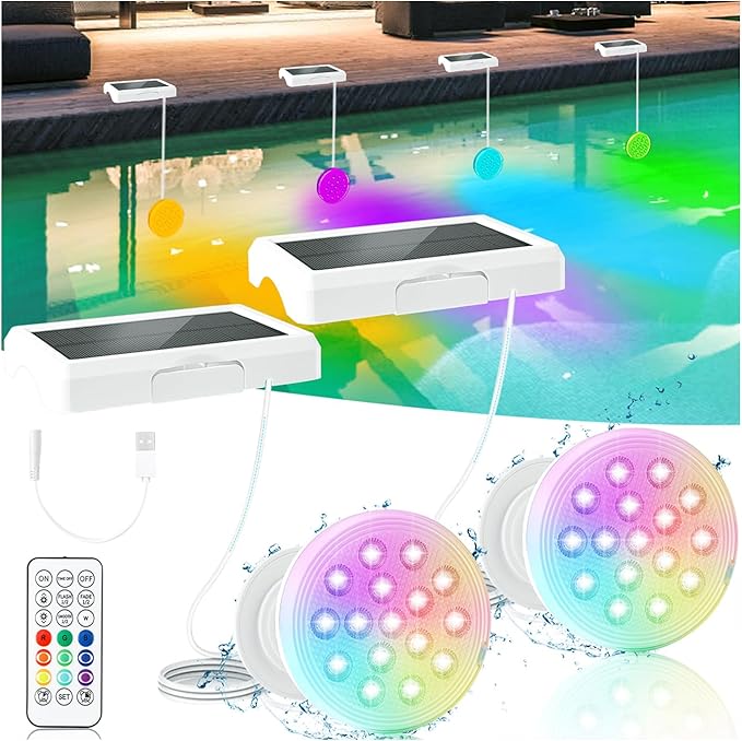 Solar Pool Lights, Upgraded USB Rechargeable Submersible LED Lights with Remote, 4.55 Inch Stretchable IP68 Waterproof 22 Colors Changing Pool LED Lights with Magnet for Inground Pools 2 Pack