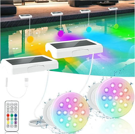 Solar Pool Lights, Upgraded USB Rechargeable Submersible LED Lights with Remote, 4.55 Inch Stretchable IP68 Waterproof 22 Colors Changing Pool LED Lights with Magnet for Inground Pools 2 Pack