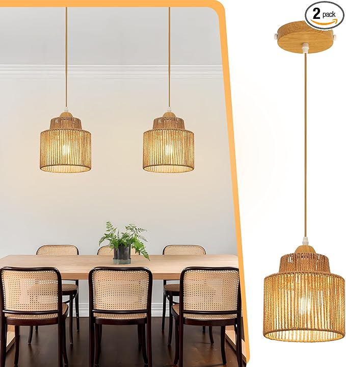 2 Pack Boho Rattan Pendant Light Kitchen Island,Farmhouse Chandeliers Adjustable Height Hanging lamp for Dining Room,Kitchen Ceiling Lights Fixtures with Round Woven Wicker Lampshade Lighting