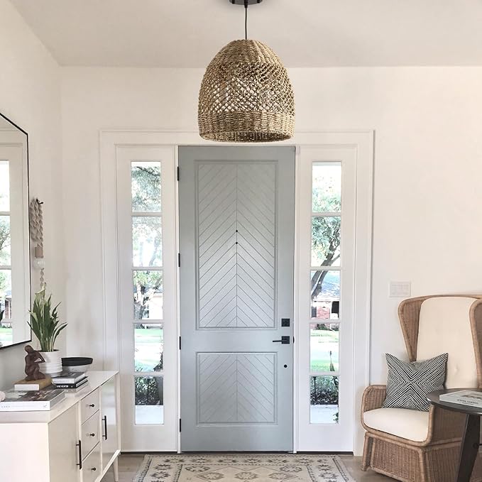 2-Light 13” Rattan Pendant Light, Boho Hand-Woven Light Fixtures, Natural Seagrass Wicker Rattan Hanging Chandelier for Farmhouse Kitche Dining Living Bedroom Foyer