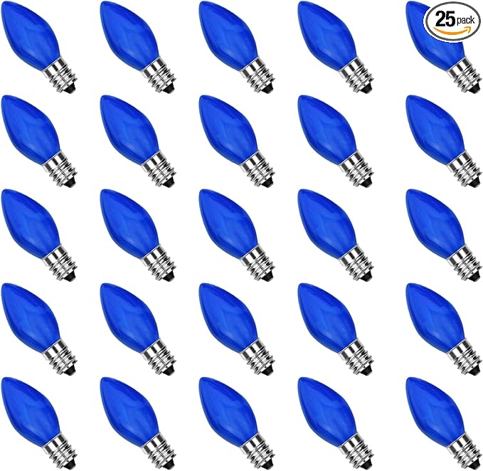 GOOTHY 25 Pack C7 LED Blue Christmas Replacement Light Bulbs, C7 Vintage Multicolor Shatterproof LED Bulbs for Christmas Outdoor Indoor String Lights, E12 Candelabra Base- Blue