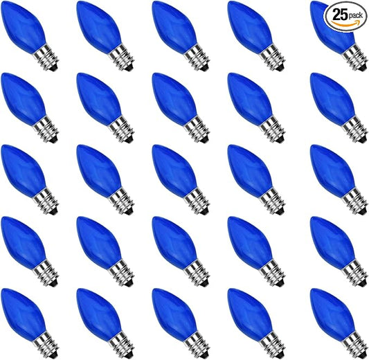 GOOTHY 25 Pack C7 LED Blue Christmas Replacement Light Bulbs, C7 Vintage Multicolor Shatterproof LED Bulbs for Christmas Outdoor Indoor String Lights, E12 Candelabra Base- Blue