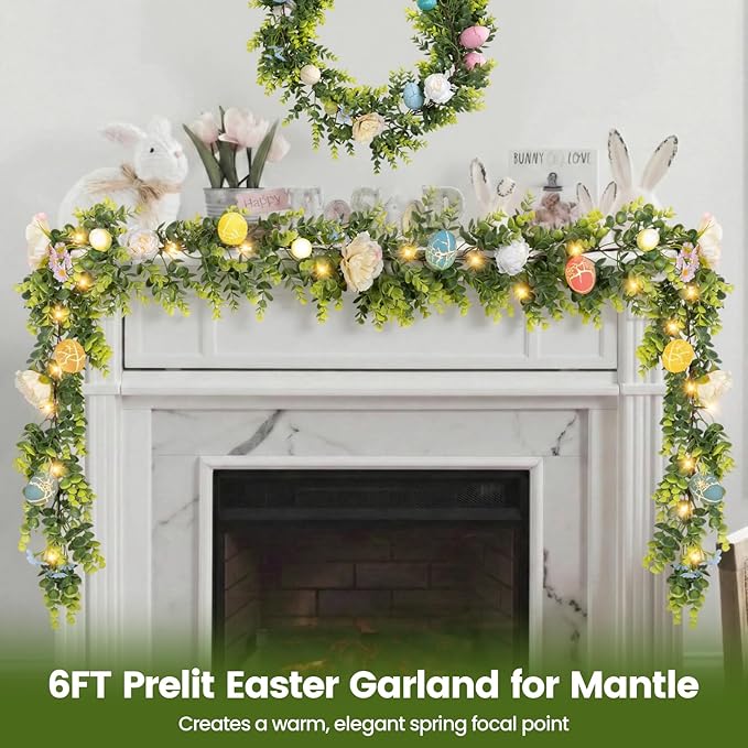 6FT Prelit Easter Garland with 20 LED Lights, Lighted Artificial Easter Egg Garland for Mantle, Battery Operated with 8 Mode Timer – Peony & Eucalyptus Accents