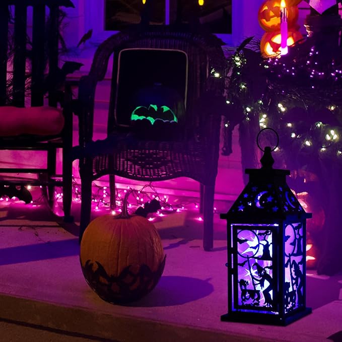 DECORKEY Halloween Decorations Indoor, 14.9" Decorative Witch & Bat Candle Lantern with 82" LED Lights(8 Modes; No Battery), Hanging Spooky Halloween Lanterns, Outdoor Home Room Door Party Decor