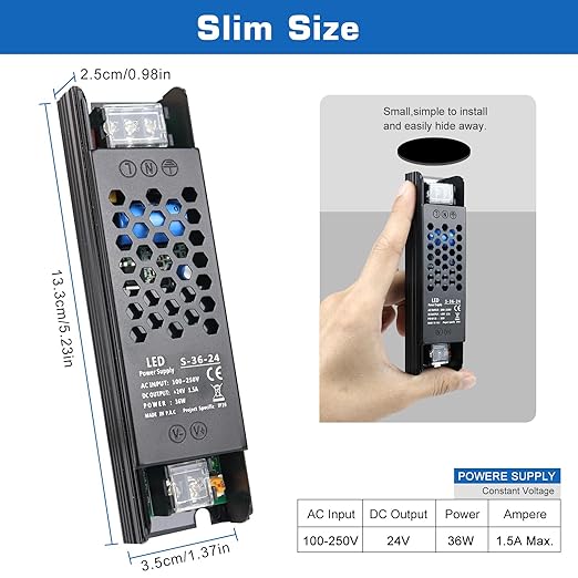 LED Driver 24V 36W 1.5A Slim Power Supply, AC 110V/240V to DC Adapter, Constant Voltage Transformer for Strip Lights, Bulbs, Garden and Cabinet Lighting