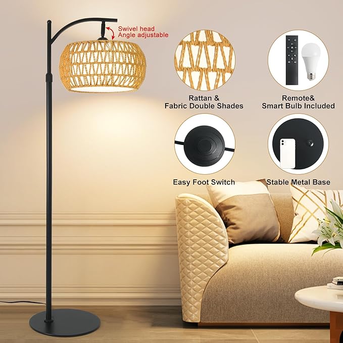 Boho Rattan Floor Lamp with Shade – 12W Bright Dimmable LED Bulb, Remote Control 3 Color Temperatures, Modern Farmhouse Handwoven Arc Standing Light for Living Room Bedroom