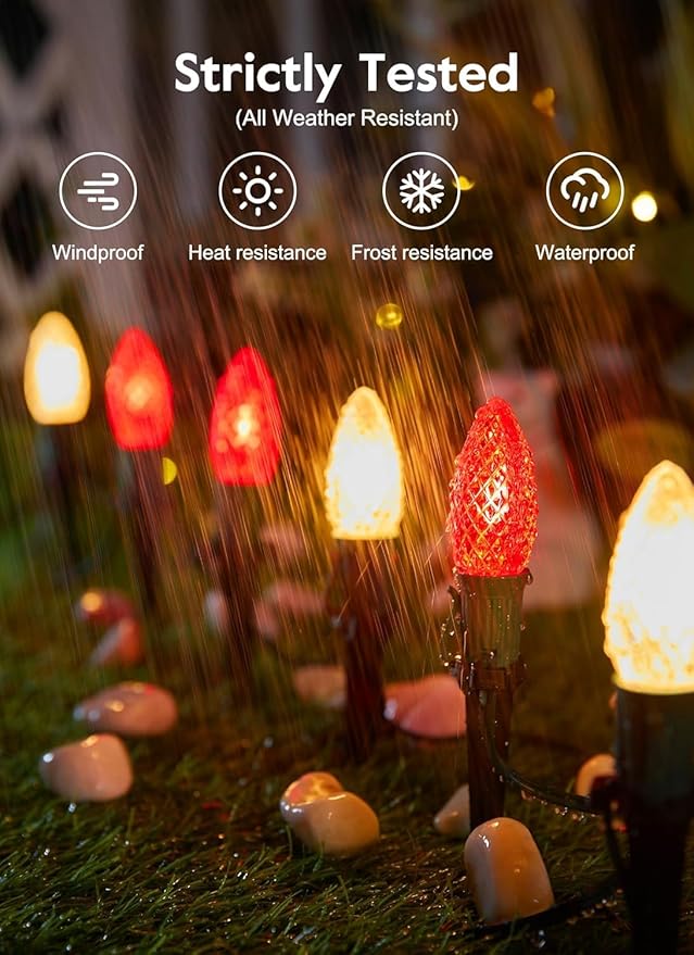 Christmas Pathway Lights Outdoor, 2 Pack 26 Ft 20 LED C9 Strawberry String Lights with Stakes, Connectable Waterproof Outside Christmas Lights Marker for Path, Lane, Patio Decor, Red & Warm White