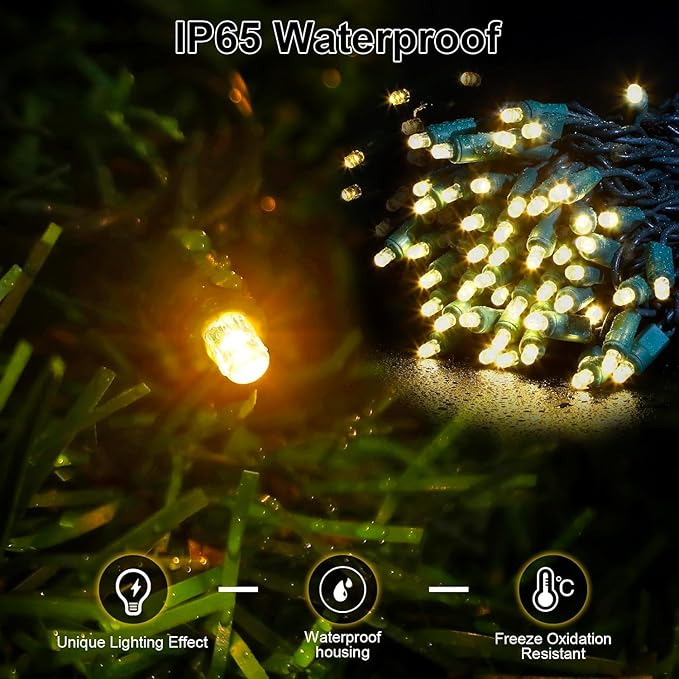 Warm White LED Christmas Lights Outdoor– 50ft 100 Counts Commercial Grade Outdoor Waterproof Green Wire Tree Lights, 5mm Wide Angle Plug in for Xmas, UL, IP:65