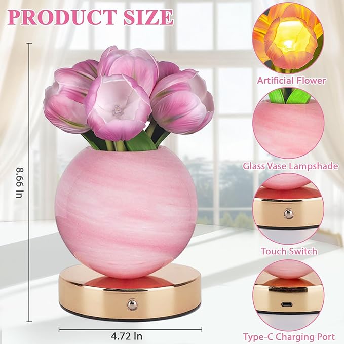 Tulip Table Lamp, Rechargeable Cordless Touch Dimming Artificial Tulip Flower Desk Lamp, LED Flower Bedside Night Light Romantic Gifts for Girl Women Mom (Pink Tulip)