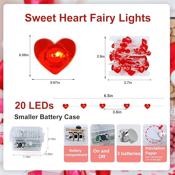 Valentine's Day Red Heart Fairy Lights 7Ft 20 LED Twinkle 3 Modes String Lights Battery Operated Waterproof Firefly Starry for Mason Jar Party Wedding Valentines Mother's Day,4 Pack