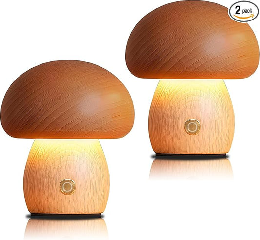 2 Pack Wooden Mushroom Lamp, Portable Cordless Small Rechargeable Battery Operated Lamp,Stepless Dimming, Night Light for Birthday Gifts