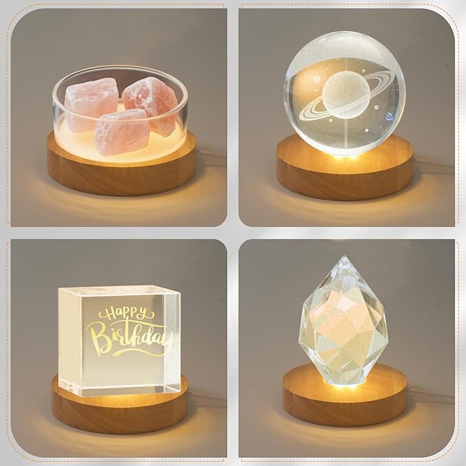 4 Pack Wooden LED Light Display Base with Switch, 3.9” Round Warm Light Stand for Crystal Glass Ball Figurine, USB Powered Lighted Holder for Resin Crafts, Art Decoration