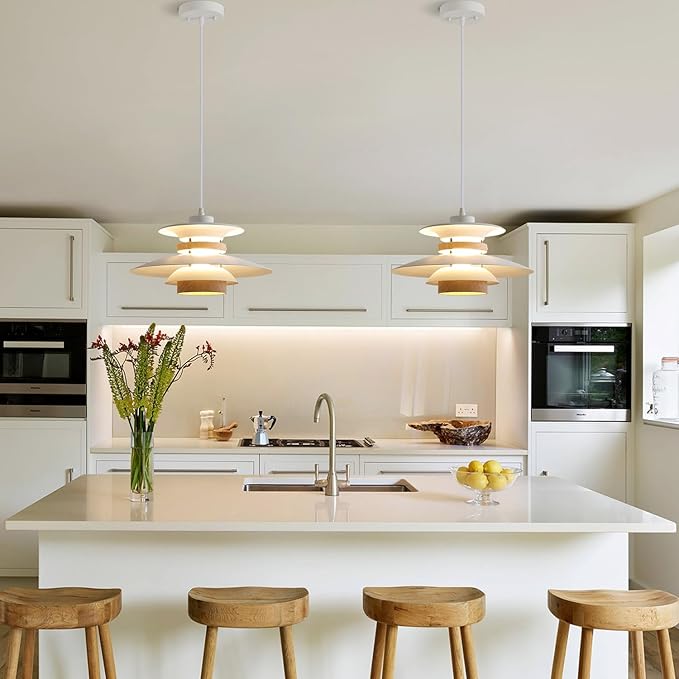 Modern Decor Adjustable Pendant Lamp Kitchen Island, Aluminum and Wood Finish,1-Light E26 Base Ceiling Hanging Light for Dining Room Shop Restaurant (White+Light Wood Grain, 35cm)