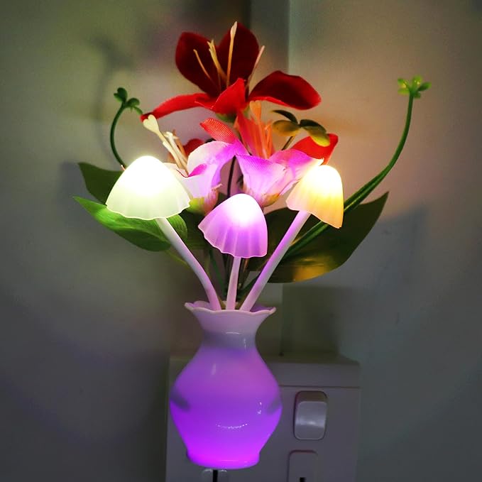 4PCS Plug-in Night Light with Auto Light Sensor,RGB LED Mushroom Night Light Wall Red Lily Flower Lamp for Adults Kids Nursery Room,Bedroom,Lounge,Hallway,Stairs